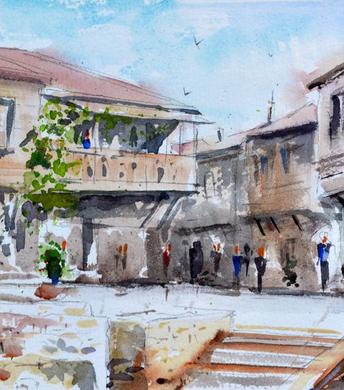 Streets of old town Nessebar Bulgaria 17x36 cm 2020 by Nenad Kojić watercolorist