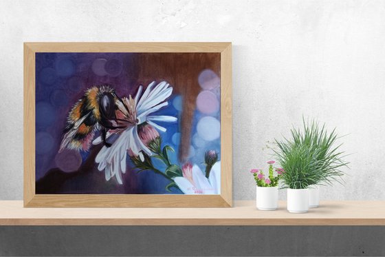 Summer is Coming! Bumblebee on a Pink Flower. Original Oil Painting on Canvas. 12" x 16". 30,8 x 40,6 cm