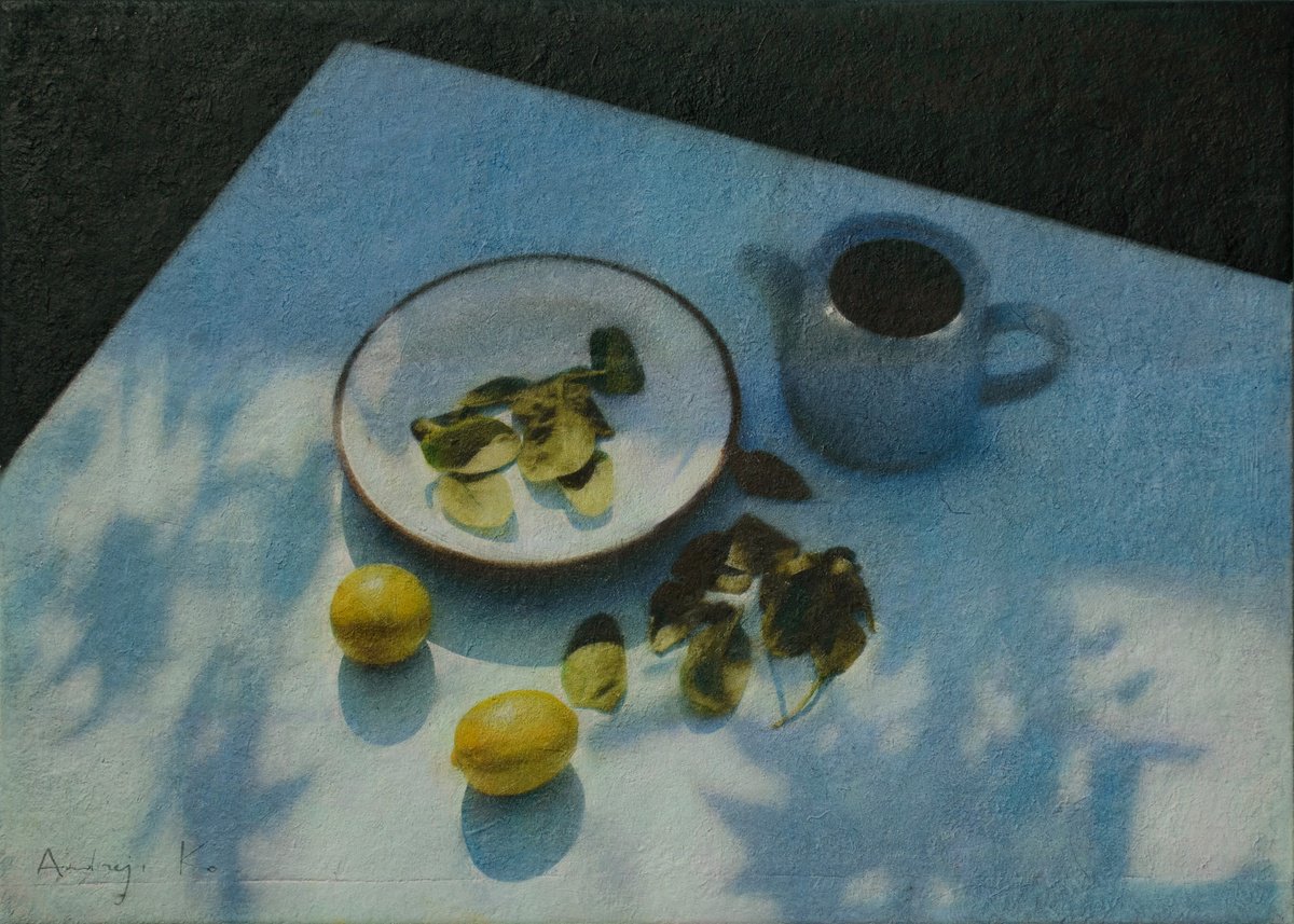 Photorealistic Still Life Acrylic Painting By Andrejs Ko, 28 X 20, Still Life With Citrus & Herb, Original Artwork