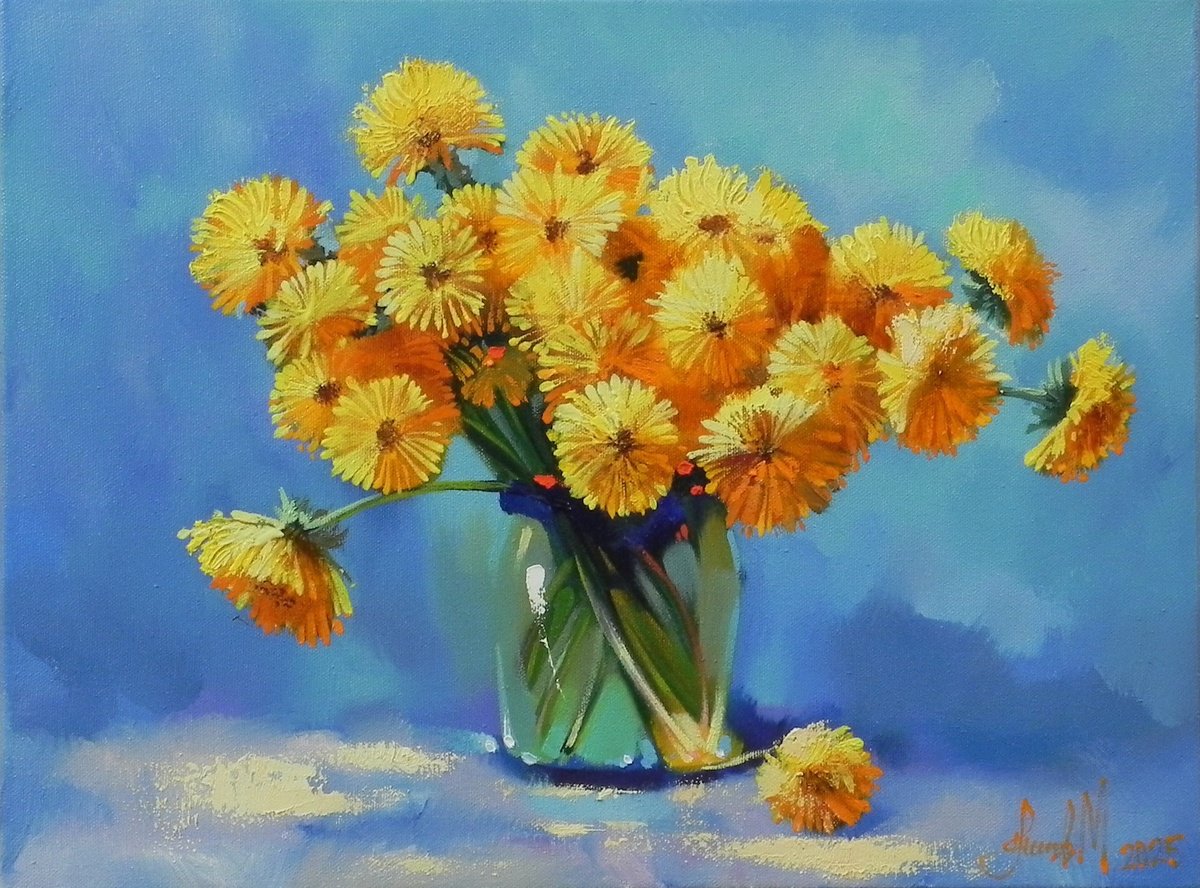 Impressionistic Botanical Oil Painting By Mykhailo Novikov, 16 X 12", "Dandelions", Original Artwork