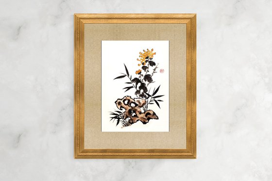 Yellow chrysanthemum and bamboo near the stone - Oriental Chinese Ink Painting