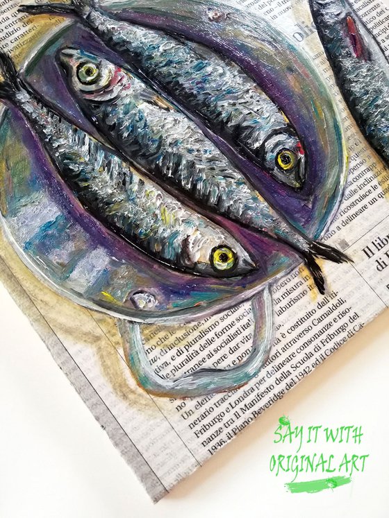 "Fishes in a Pan on Newspaper" Original Oil on Canvas Board Painting 8 by 8 inches (20x20 cm)