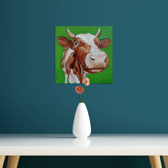 Cow portrait close up painting green background