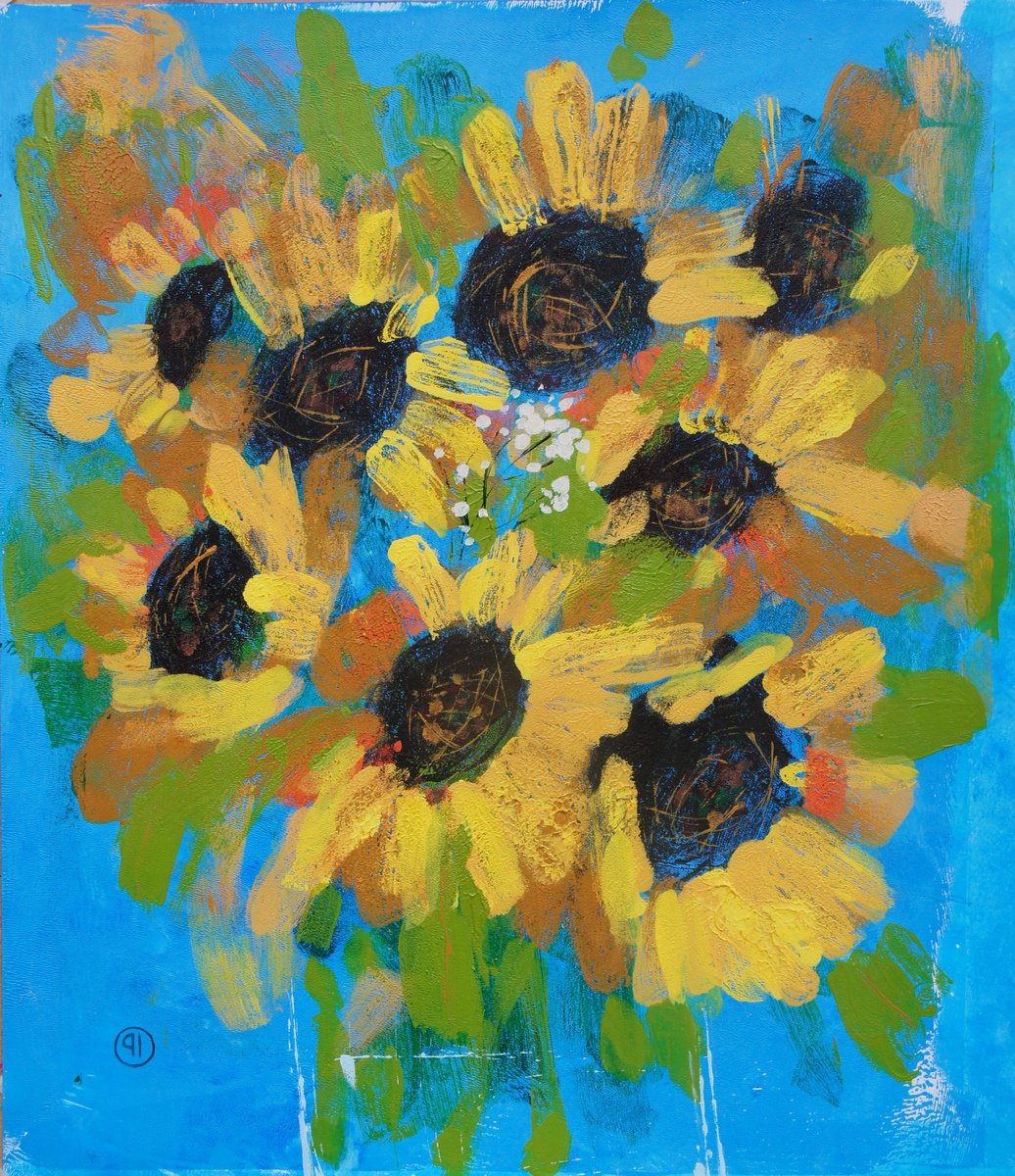 Impressionistic Botanical Acrylic Painting By Irina Plaksina, 12 X 14, Kansas Sunflowers, Original Artwork