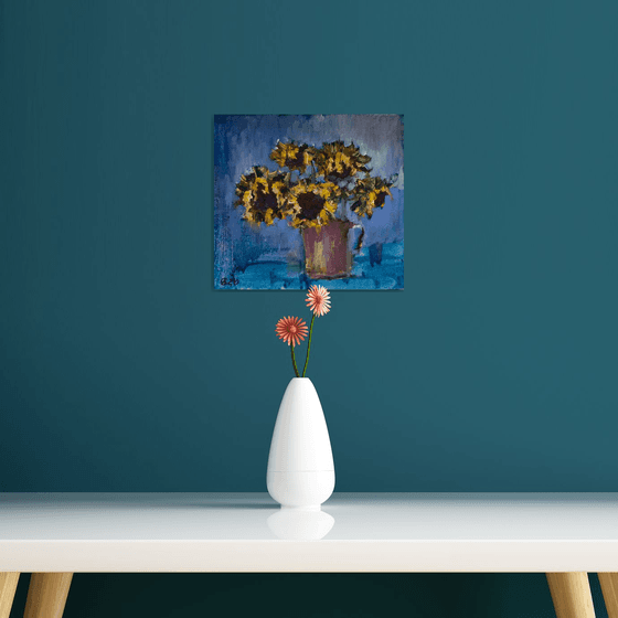 Sunflowers on blue. Small oil painting. Original dramatic home decor gift interior dark blue moody autumn