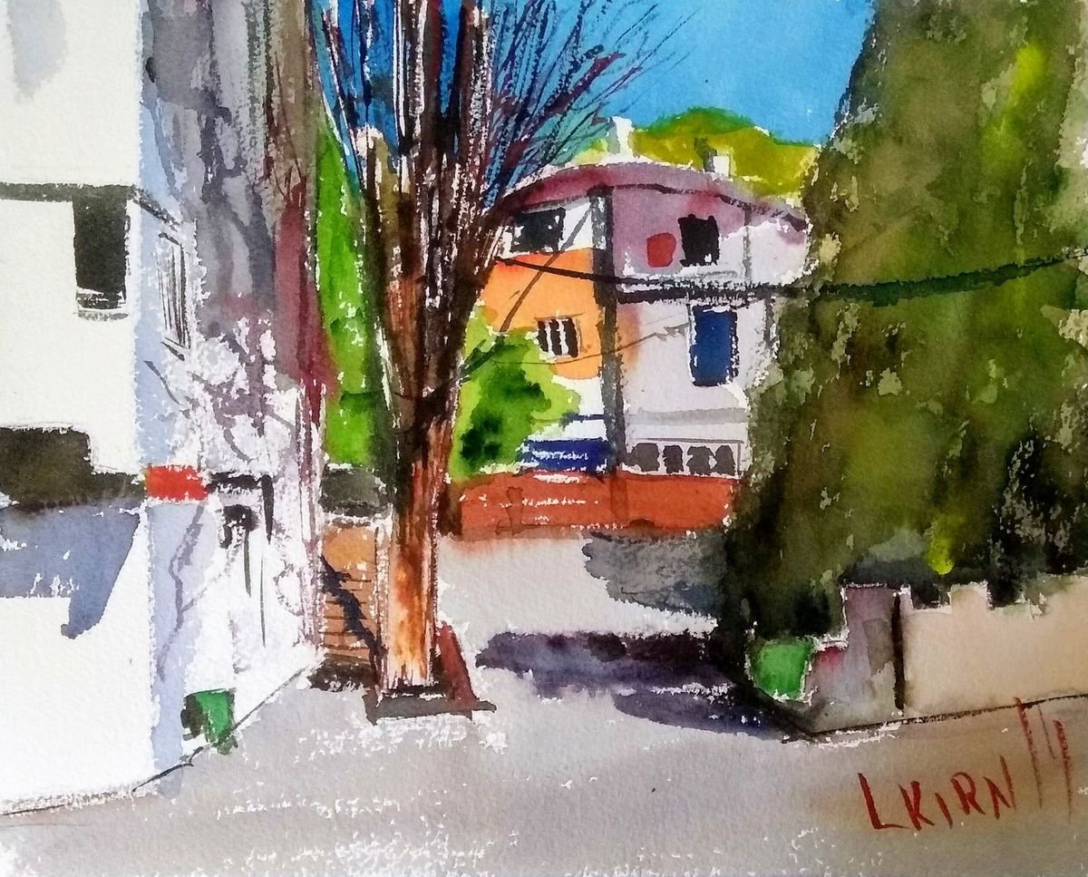 Impressionistic Cityscapes Watercolour By Leonid Kirnus, 13 X 10", The Village, Original Artwork