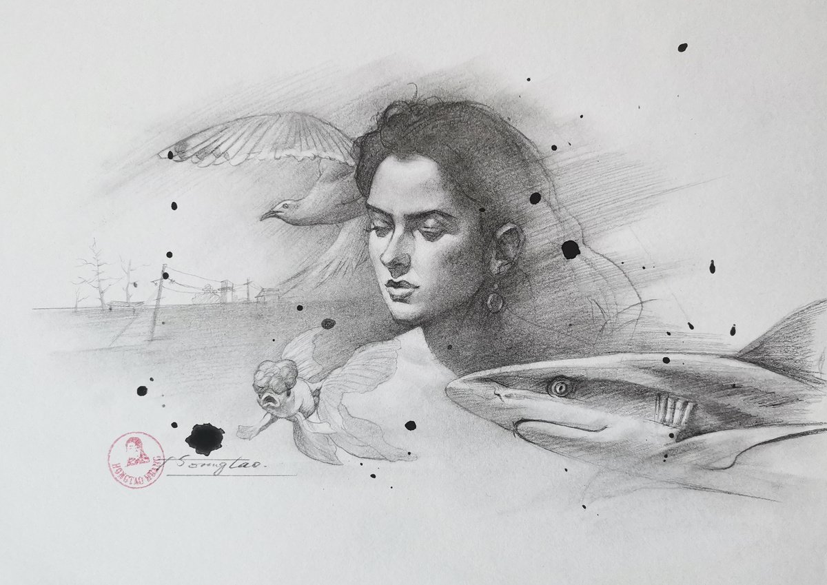 Typographic Portrait Charcoal Drawing By Hongtao Huang, 7 X 11, Goldfish And Shark, Original Artwork