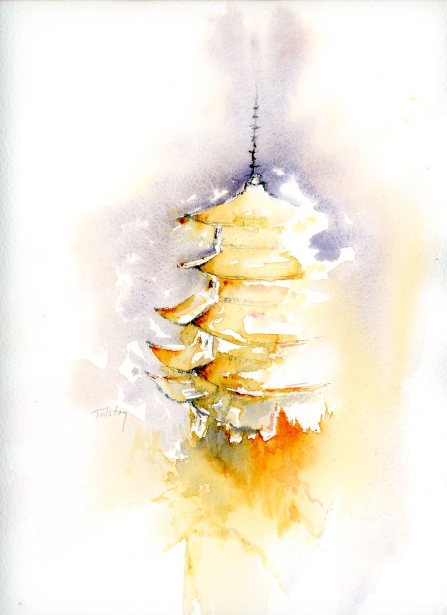 Impressionistic Cityscapes Watercolour By Alex Tolstoy, 9 X 13, Pagoda, Original Artwork