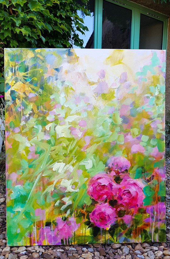 Flowers in a garden Modern Semi abstract floral painting Les roses au jardin Soft colors Decorative wall art