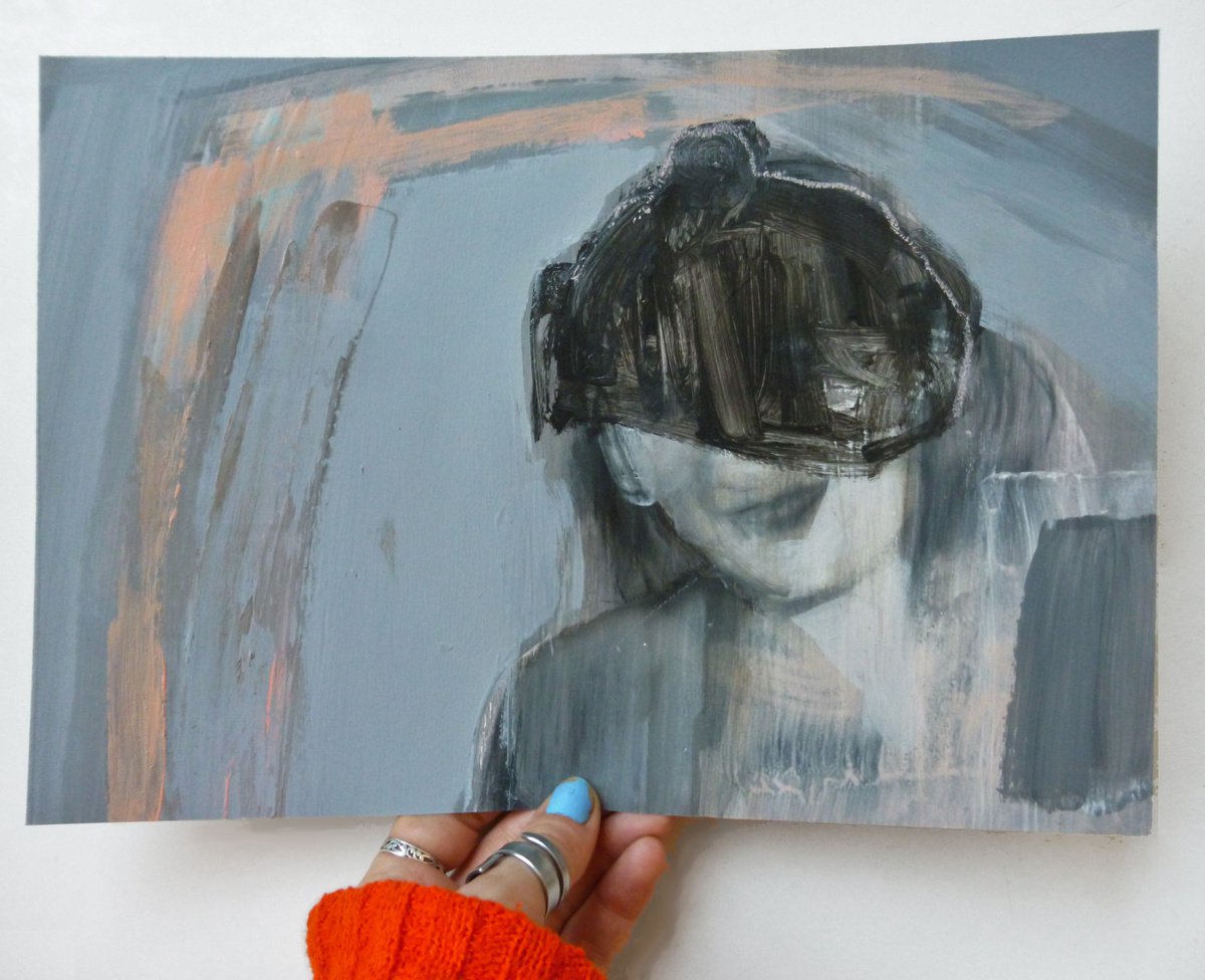 Expressive Portrait Acrylic Painting By Cynthia Gregorova, 11 X 8, No Title, Original Artwork