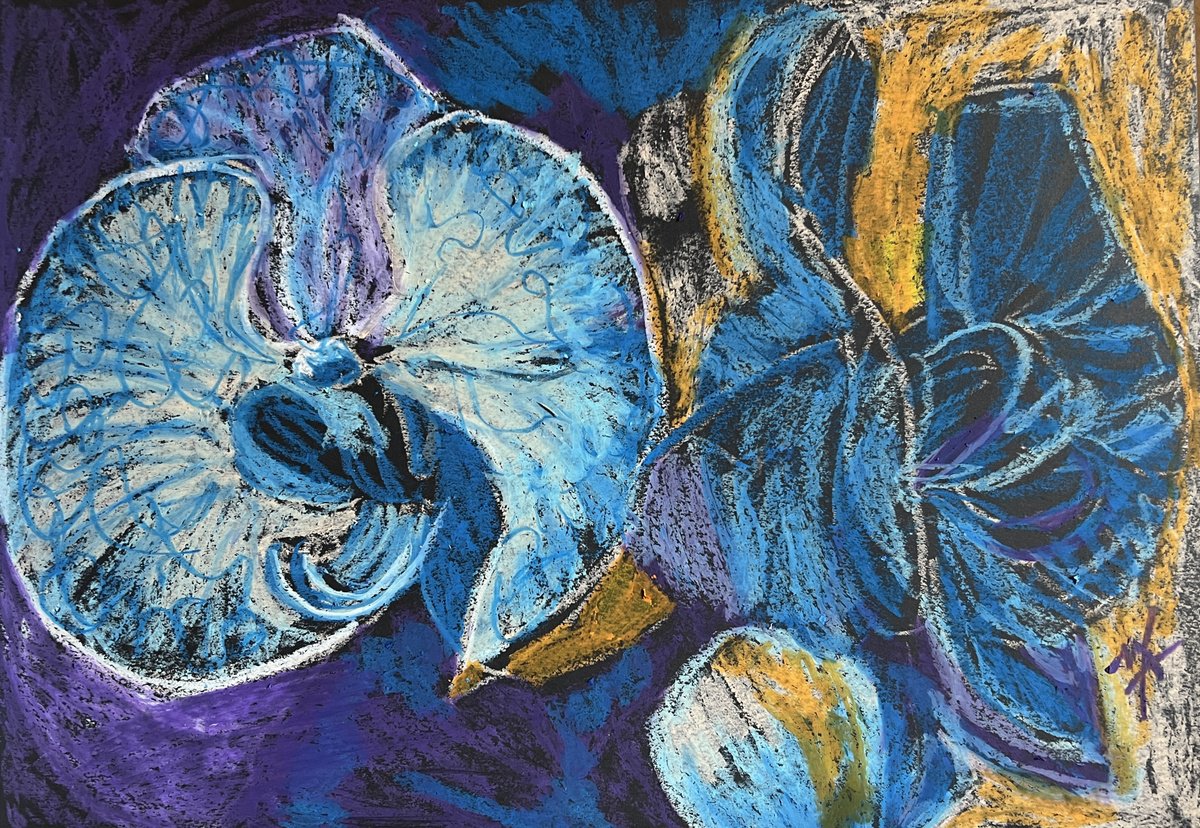 Expressive Botanical Pastel Drawing By Maxence Ma, 17 X 12", Azure Radiance, Original Artwork