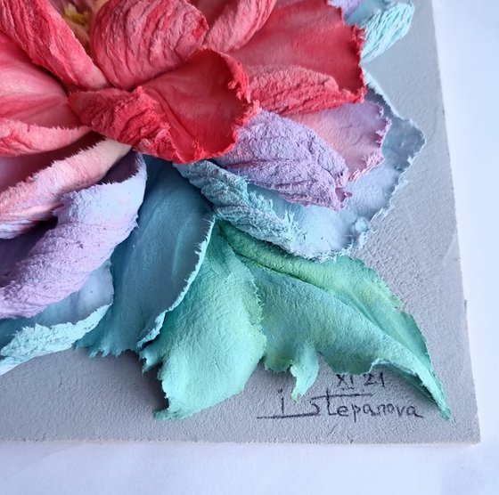 Flower panel rainbow peony 2. Small ceramic sculpture 3d flower with red and blue petals. Colourful peony botanical relief  - Xmas gift