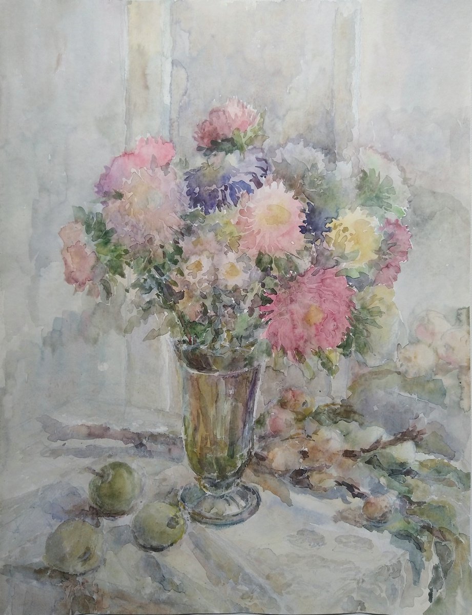 Impressionistic Watercolour , Asters In Vase. By Elena Klyan, 20 X 26, Artwork For Sale On Artfinder
