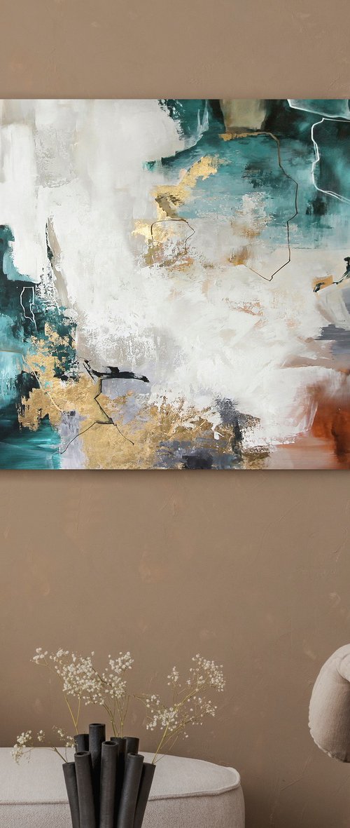 "Teal Flash" Teal gold acrylic abstract art by Yana Sagan