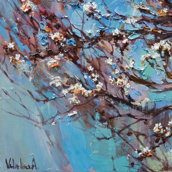 Flowering apricot tree - Original oil painting