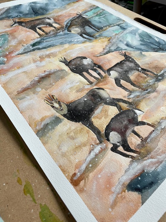 Mountain Large Original Watercolor Painting, Chamois Artwork, Goat Wall Art, Snowy Landscape Art, Farmhouse Home Decor