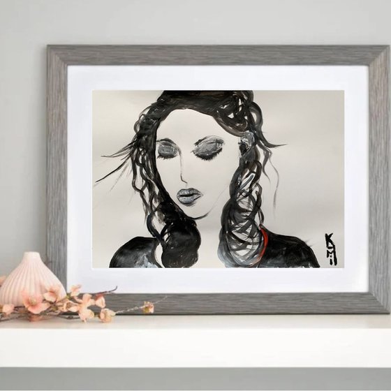 Black and White Art / Painting of Woman / Portrait / Original Artwork / Black and White Painting / Gifts For Him / Home Decor Wall Art 11.7"x16.5"