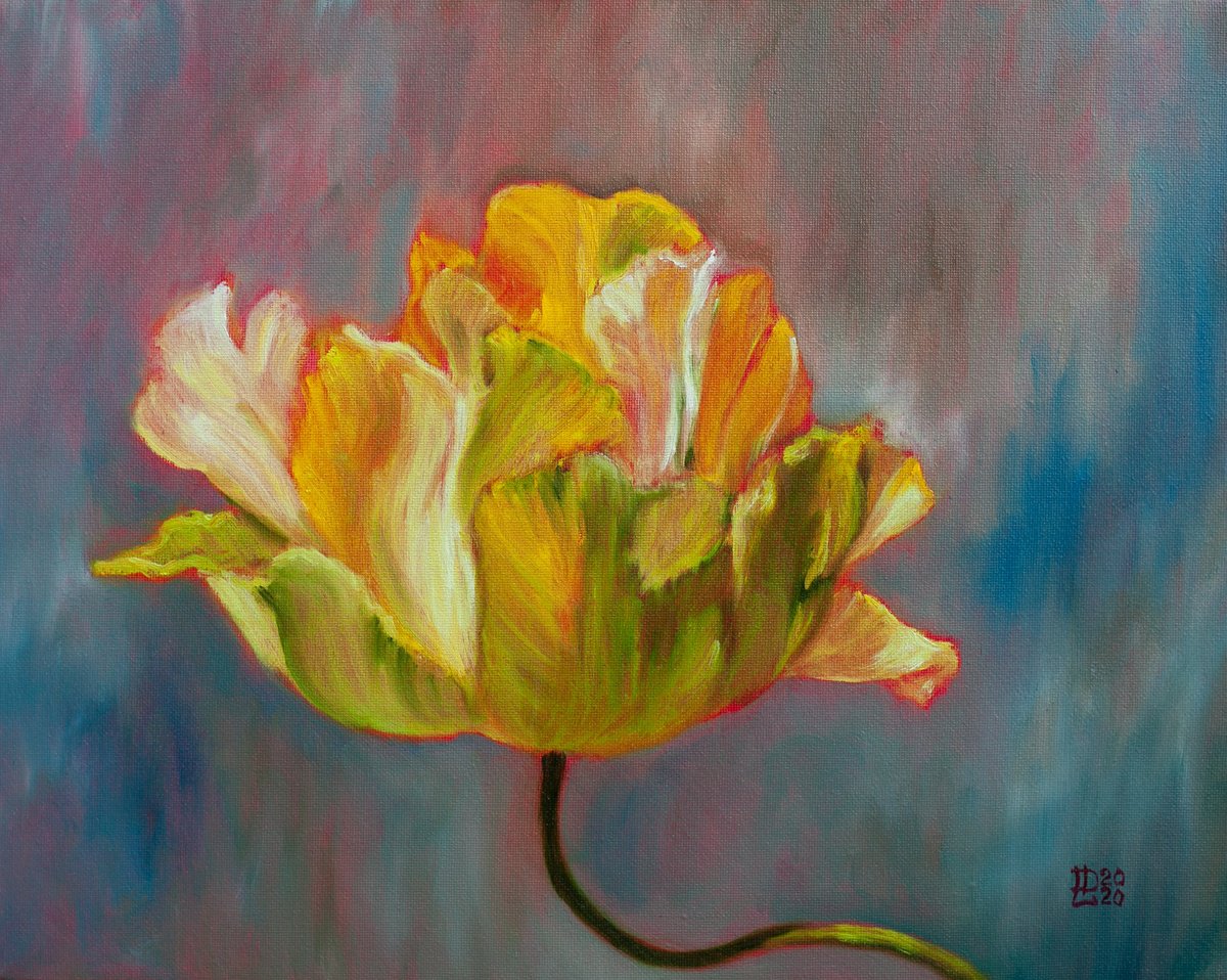 Photorealistic Botanical Oil Painting By Liudmila Pisliakova, 15 X 13", Yellow Tulip, Original Artwork