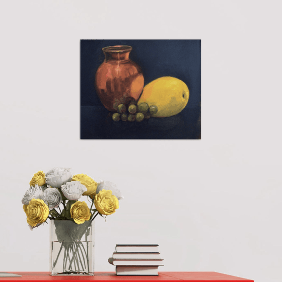 Still life with copper pot and fruits