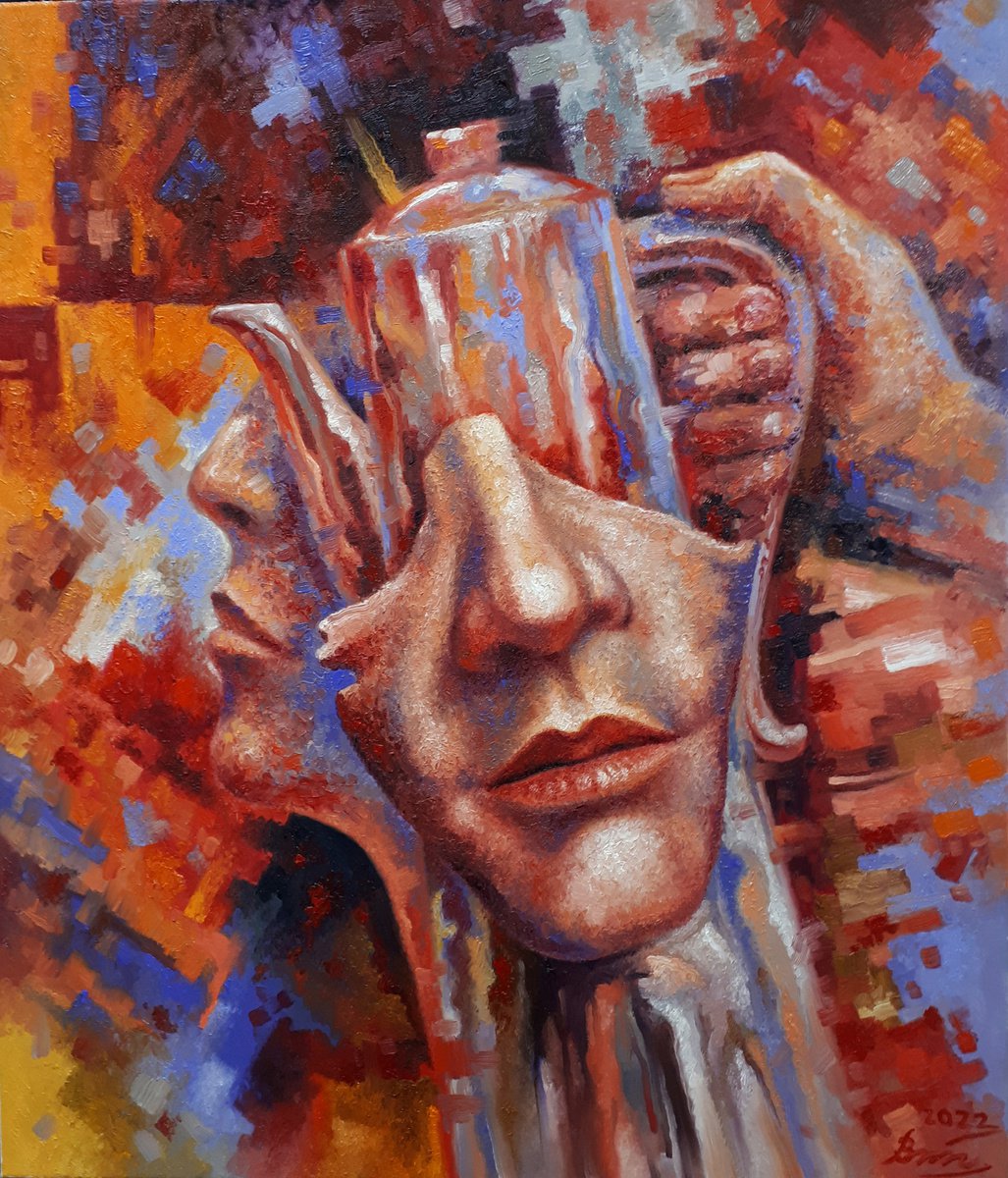 Surrealistic Portrait Oil Painting By Serhii Voichenko, 24 X 28", Yes, But Coffee First, Original Artwork