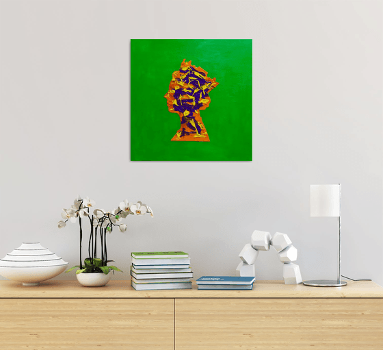 Queen #74 on yellow-green  orange and purple PAINTING INSPIRED BY QUEEN ELIZABETH PORTRAIT