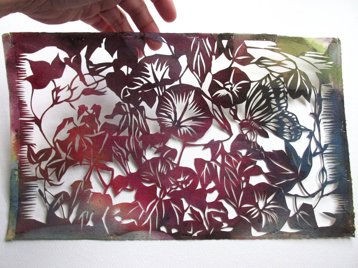 morning glory with butterfly watercolor paper cut by Alfred  Ng