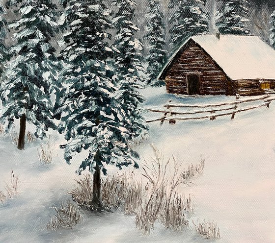 Cabin in wintry mountains