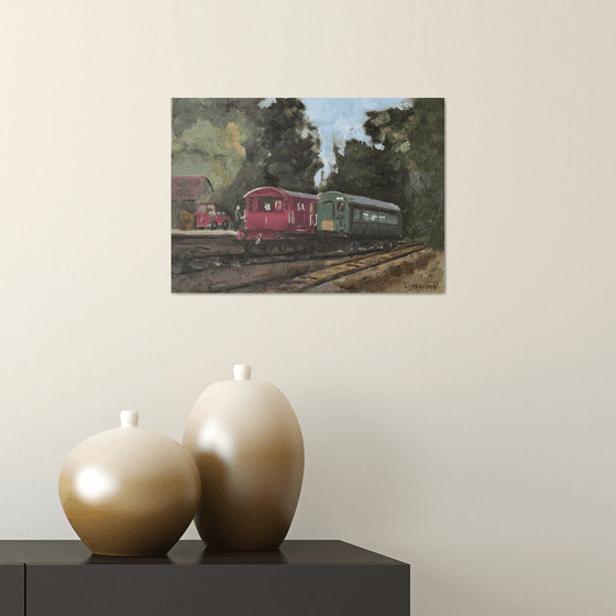 Old railway wagons, an original oil painting