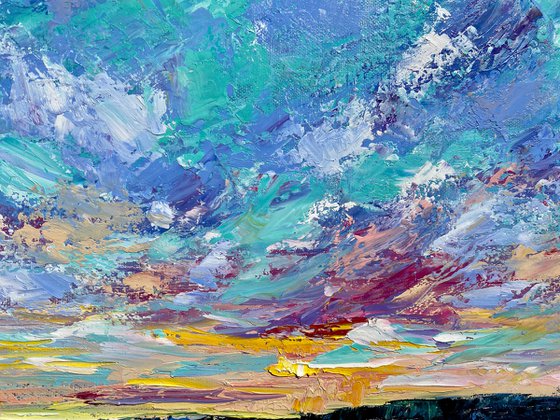 Sunset - On the shore, 60*80cm, impressionistic landscape oil painting in purple, blue and pink