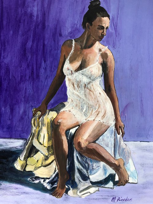 Seated lady wearing a negligee by Margaret Riordan