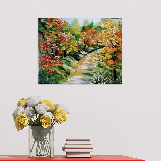 Autumn road, original landscape with trees, oil painting, Gift, bedroom art