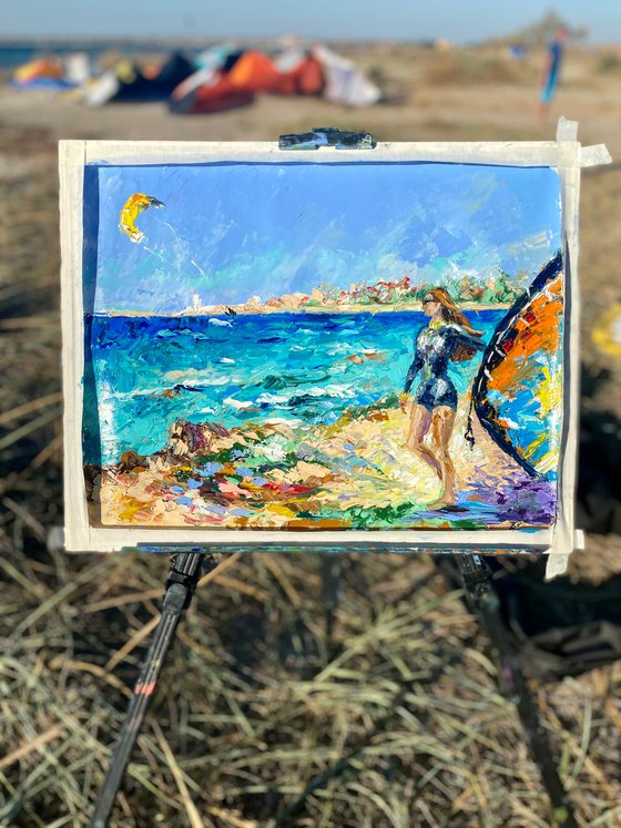 Kitesurfing - Spot atmosphere, 47*37cm, impressionistic oil impasto landscape painting