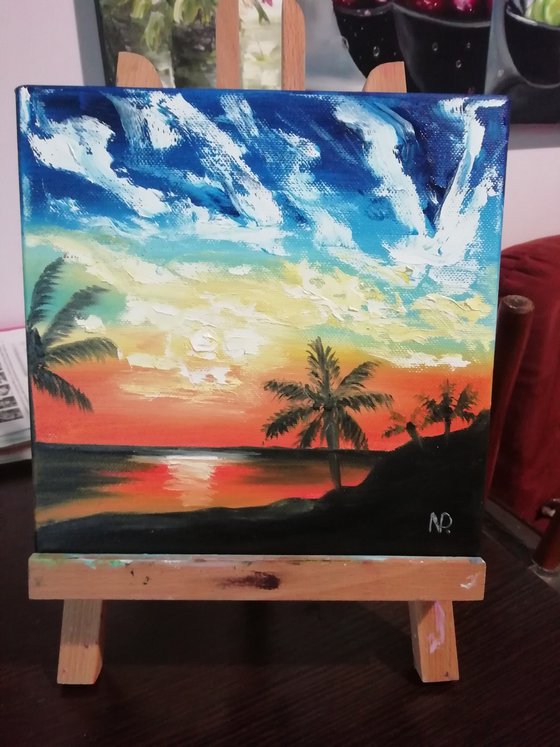 Summer evening, original sunset sea beach oil painting, small gift idea