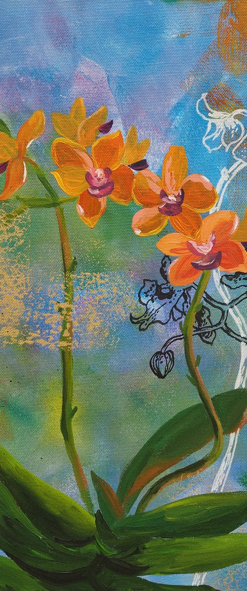 Yellow orchids on abstract background by Delnara El