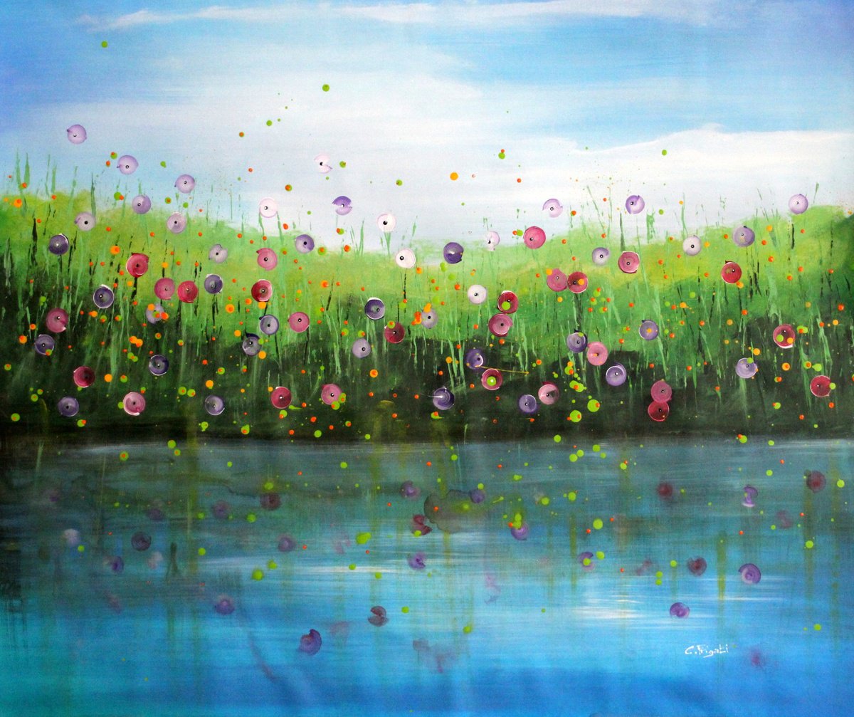 Impressionistic Landscape Acrylic Painting By Cecilia Frigati, 43 X 39, Riverstorm #13, Original Artwork