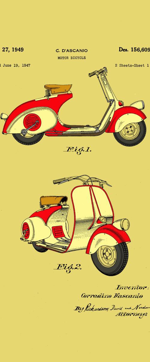 Motor Bicycle Patent - Circa 1949 - Red and Cream by Marlene Watson