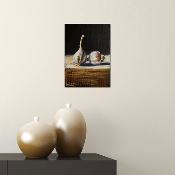 Garlic. Home isolation series. Oil pastel painting. Small home decor gift idea interior dark tones still life