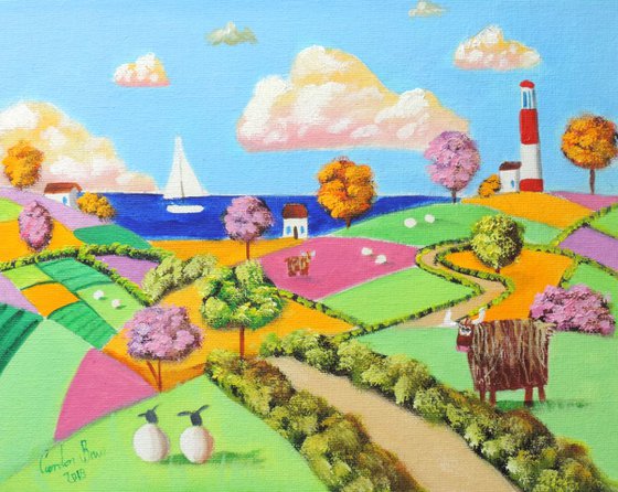 Highland cow and a lighthouse folk art landscape