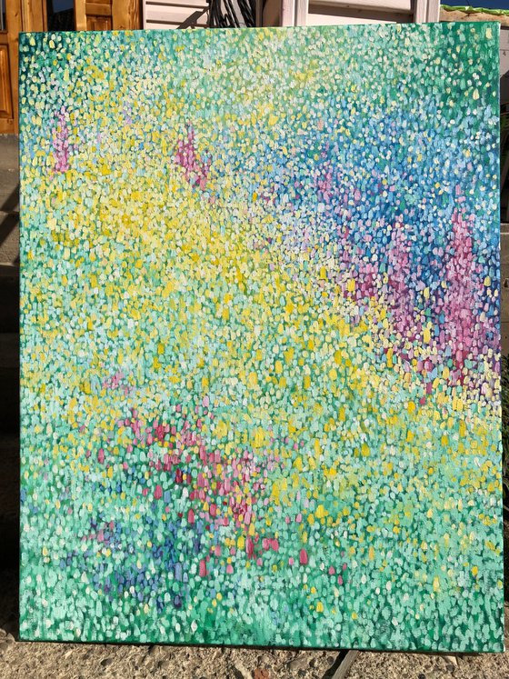 Blooming mosaic, abstract garden painting on canvas
