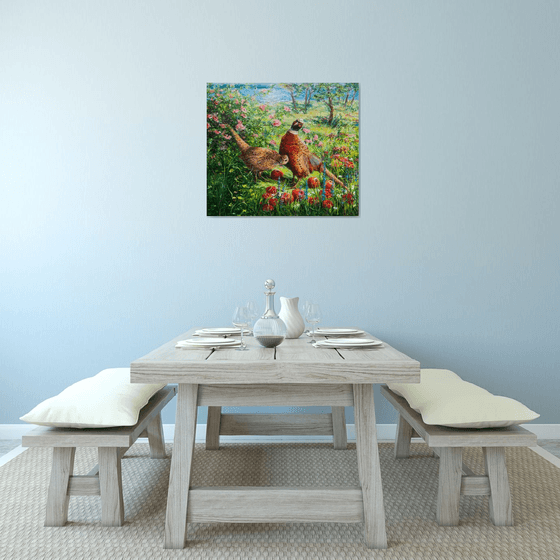 PHEASANTS IN APPLE GARDEN