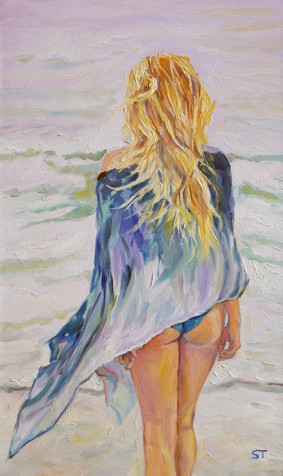 " Girl, sea, wind "  original oil water painting on canvas, ready to hang, wall decor gift idea