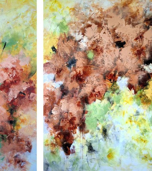 "Enchanted Blooms III" Diptych from "Colours of Summer" collection, XXL abstract flower painting by Vera Hoi