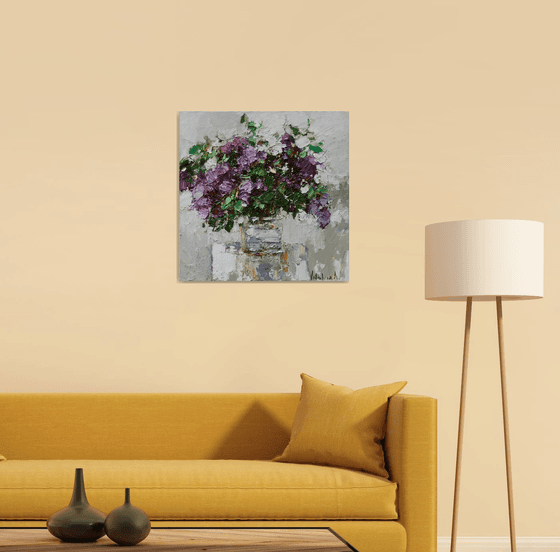 Still life with lilacs in a vase - impasto painting