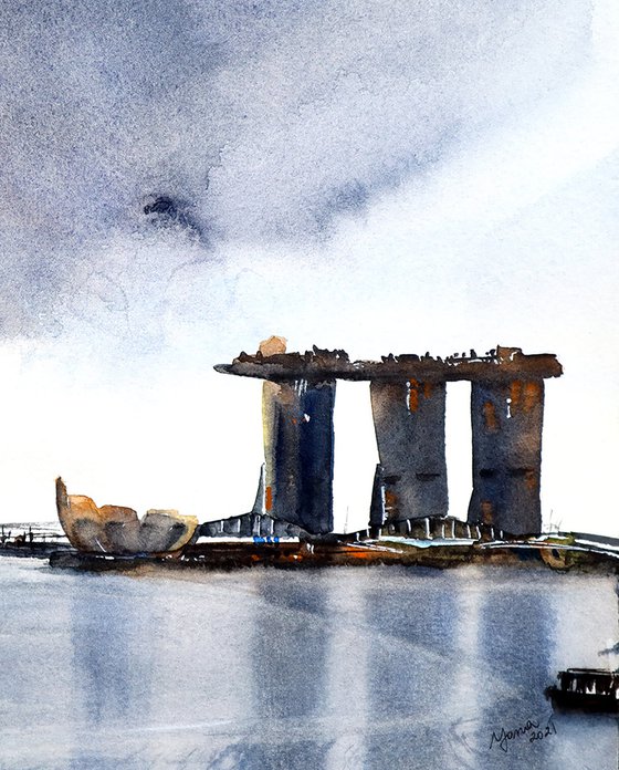 ORIGINAL Watercolor Painting of Singapore - Iconic Towers Cityscape - Architecture