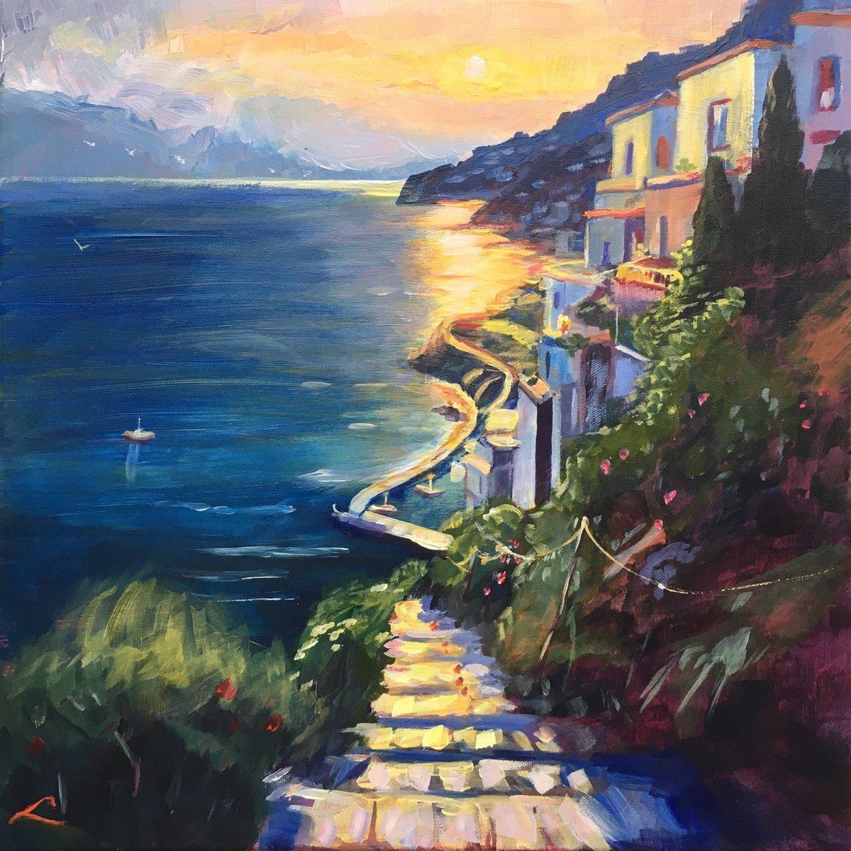 Mediterranean Town At Sunset By Elena Sokolova, 20 X 20, Artwork For Sale On Artfinder