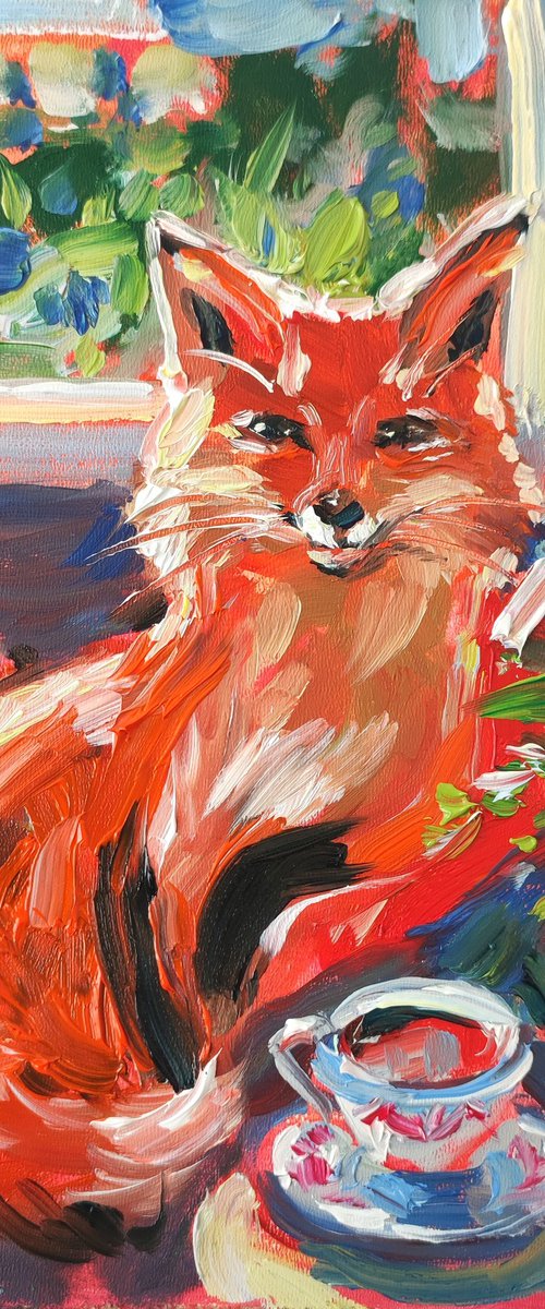 Fox Tea Time. Oil Painting by Natalia Miasnikova