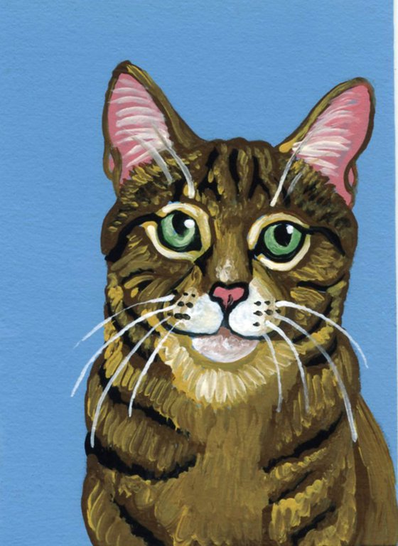 ACEO ATC Original Miniature Painting Brown Tabby Cat Pet Feline Art-Carla Smale