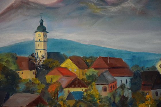 Oil painting Slovak town in mountains