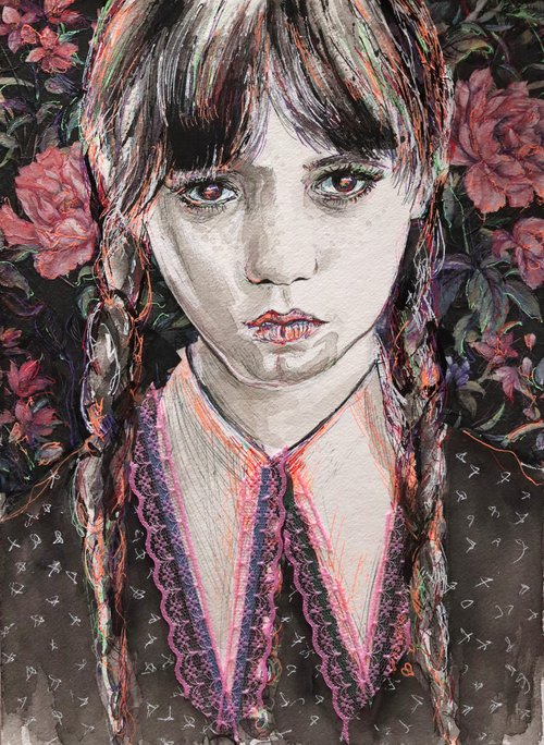 Wednesday Adams - Portrait mixed media drawing on paper by Antigoni Tziora