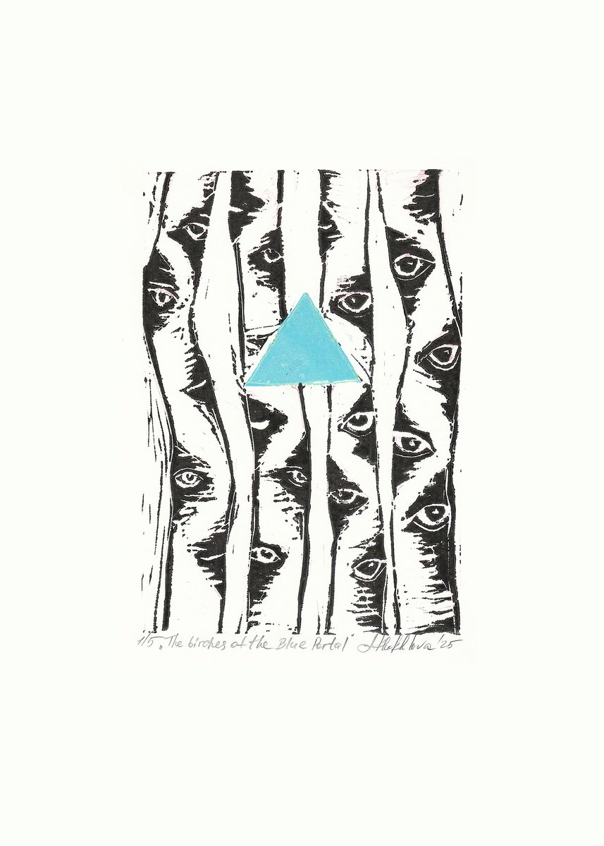Geometric Abstract Linocut By Alena Khokhlova, 10 X 14, Birches Of The Blue Portal, Original Artwork